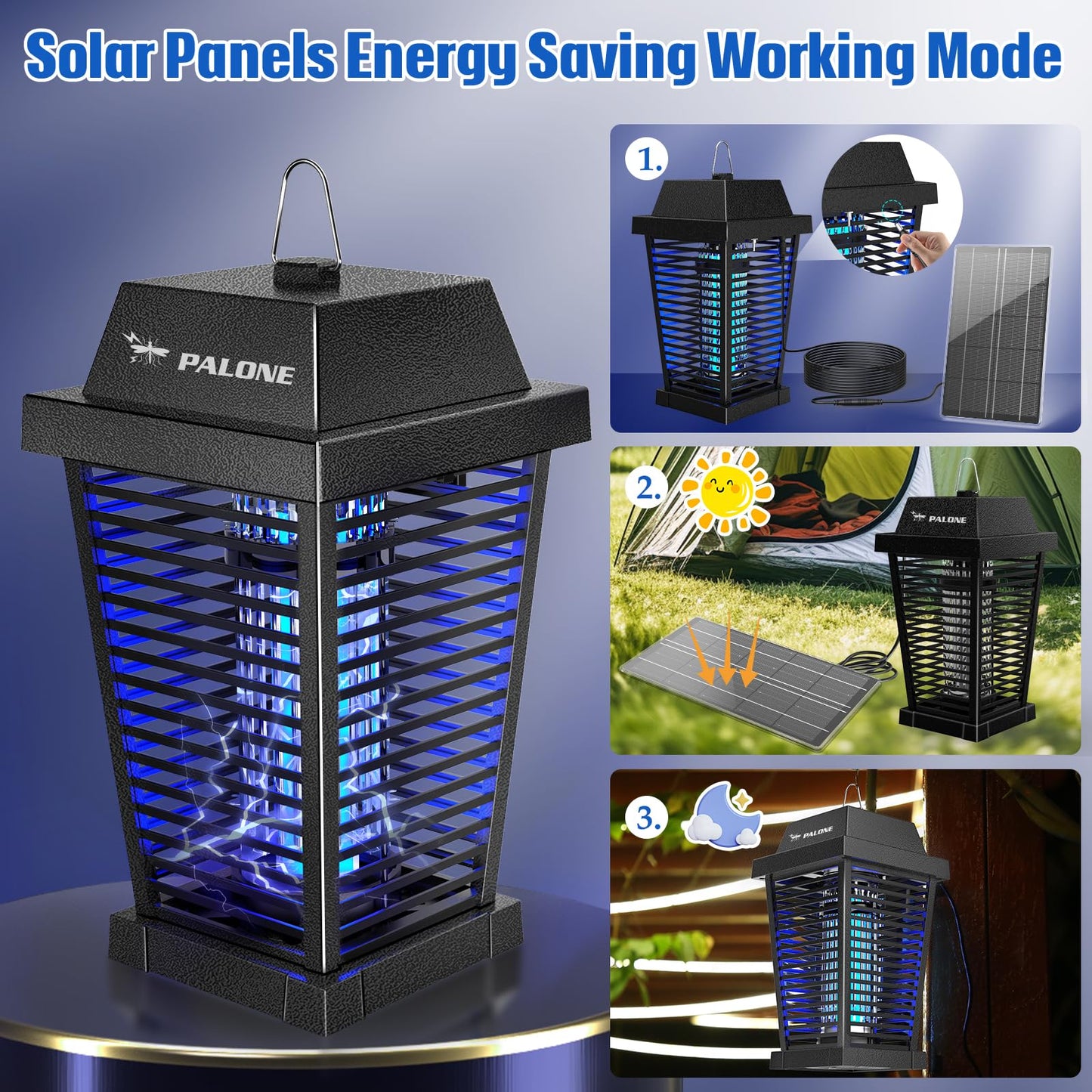 PALONE Solar Bug Zapper 4500V Electric Mosquito Zapper Outdoor, USB-C and Solar Panel Dual Charging Electric Zapper Racket, Fly Trap with UV Light for Flies Gnats Moths