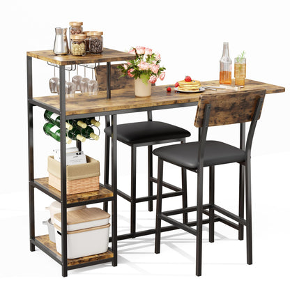GarveeHome Bar Table and Chairs Set for 2, 3-Piece Bar Table Set with Storage Shelves, Cup Holder & Wine Rack, PU Leather Bar Stools, Small Dining Table for 2 for Kitchen, Breakfast Nook, Brown