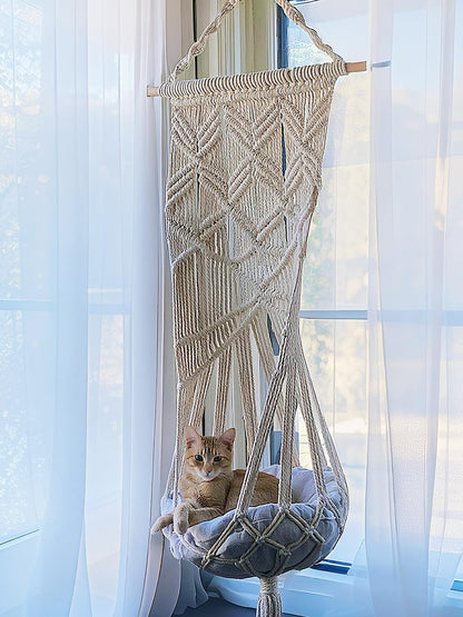 KARCEEY Macrame Cat Hammock Hanging Bed - Boho Wall Swing with Catnip Cushion for Wall Climber & Window Perch - Hardware Kit Included
