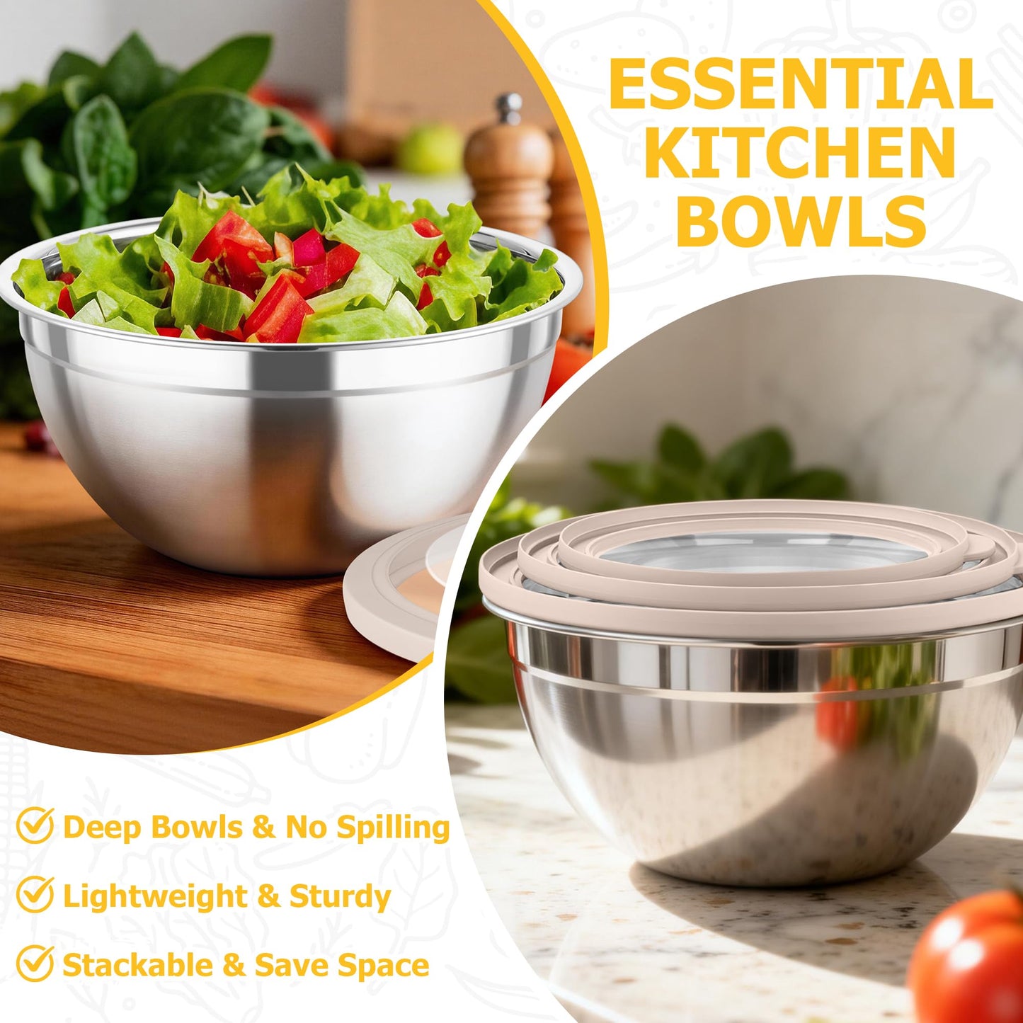 TeamFar Mixing Bowls with Lids, 4.5/3/1.5 QT Stainless Steel Nesting Salad Bowls with Airtight Lids, For Serving/Mixing/Storing/Prepping, Healthy & Sturdy, Visible & Easy Clean, Khaki, Set of 3