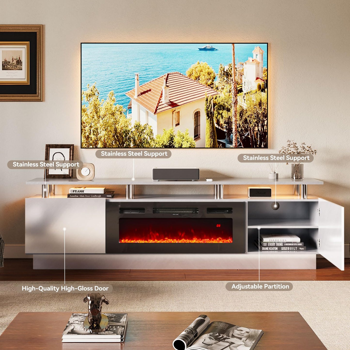 OneBlis 80" TV Stand & Entertainment Center, Media Console with Storage Cabinet, Fits TVs up to 90", Modern Living Room Furniture, 36" Electric Fireplace (Grey+Black)