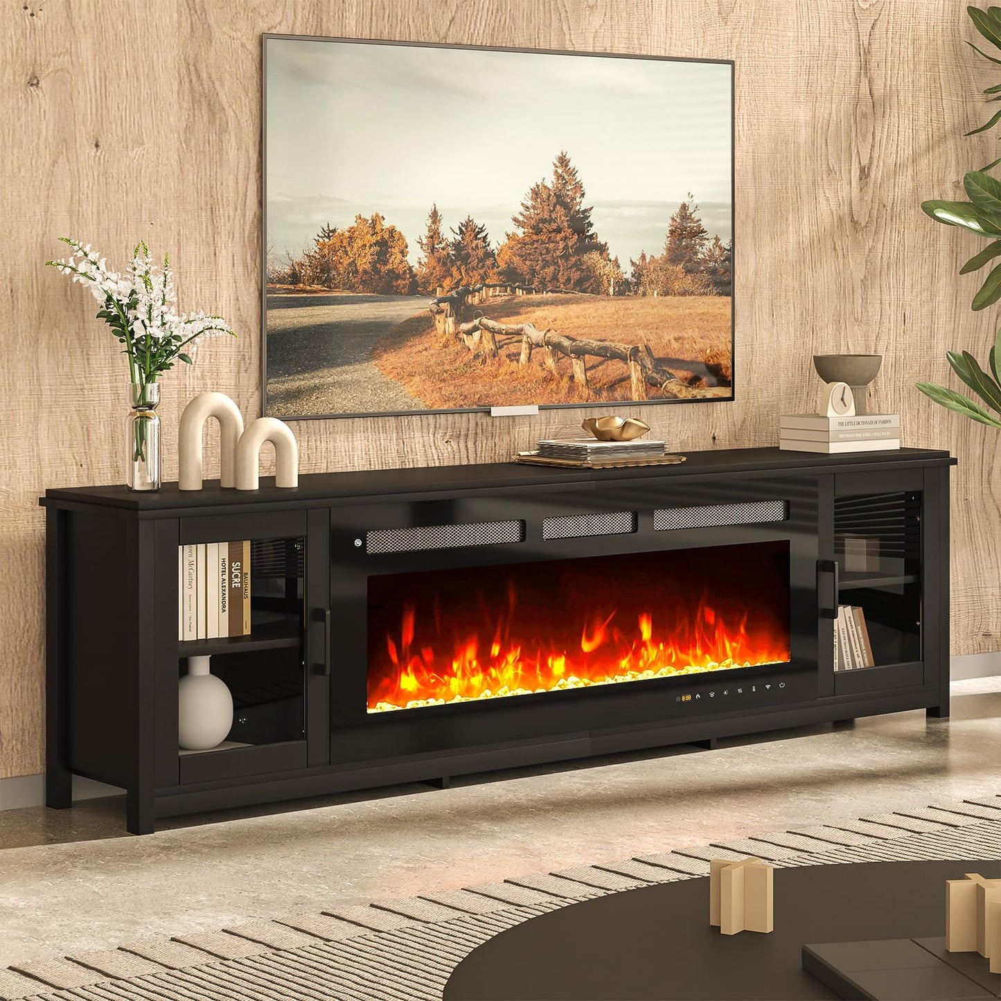 MXV 80" Fireplace TV Stand, Modern Entertainment Center with 50 Inch Smart Fireplace, Adjustable Shelf & Glass Door, Fire Place with WI-FI Enabled, TV Console for Living Room, Black