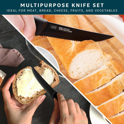 Home Hero High-Carbon Stainless Steel Steak Knife Set - Sharp Serrated Knives & Nonstick Coating - Ergonomic TPR-Coated Handles - Rust-Resistant Blades & Hand Wash - 8-Piece Set, Black