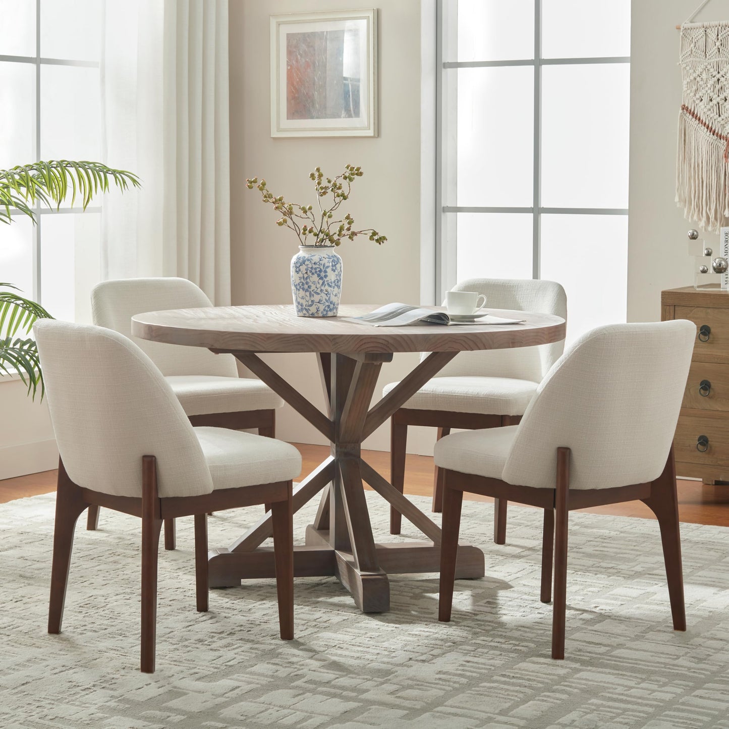VKNOW Wooden Dining Chairs Set of 4, Upholstered Dining Room Chairs with Rubberwood Legs and Padded Seats, Kitchen Chairs for Restaurant Kitchen Living Room, Beige