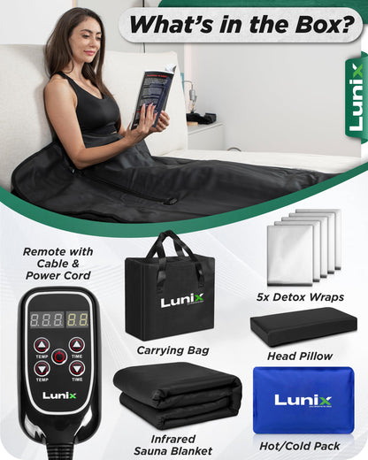 Lunix LX17 Infrared Sauna Blanket, Portable Sauna Bag for Relaxation, Detox & Stress Relief, Adjustable Heat 77–176°F, Far Infrared Blanket with Pillow, Wrap & Hot Cold Gel Pack – Jet Black