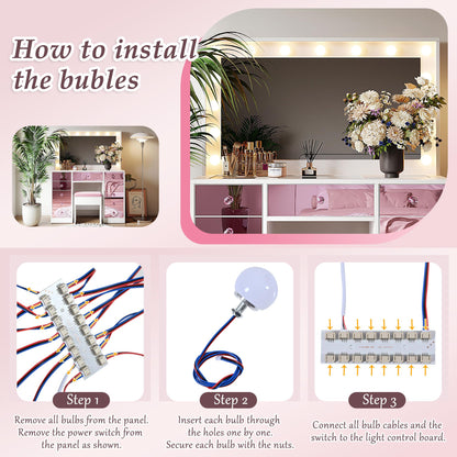 Merax Vanity Desk with Mirror and Lights, Pink Makeup Vanity Set with 9 LED Bulbs and Power Outlet, 6 Storage Drawer & Shelves, Dressing Table Set with Pink Vanity Stool for Girls & Women