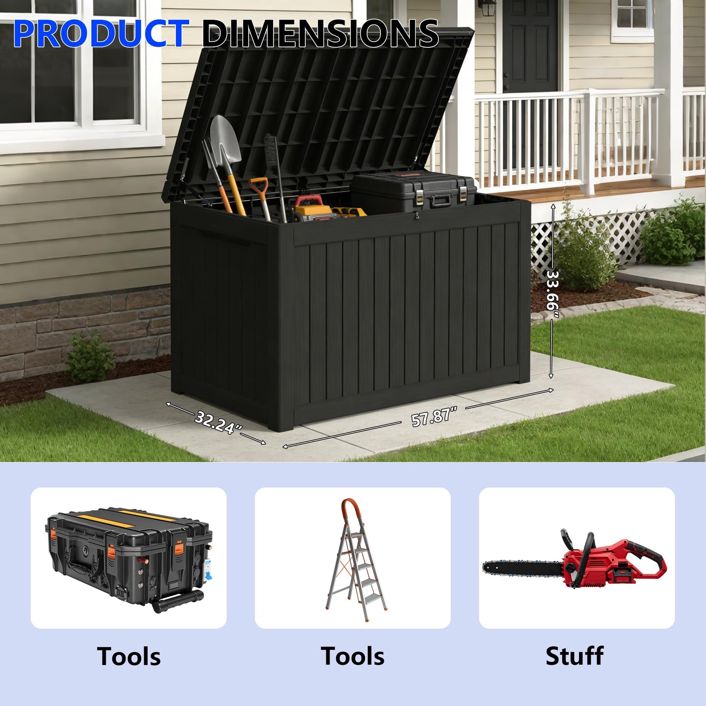 Decksplore 270 Gallon Outdoor Storage Box Resin Deck Box All Weather Waterproof Large Lockable Storage Container Deck Box for Patio Furniture, Garden Tools, Lockable, Black