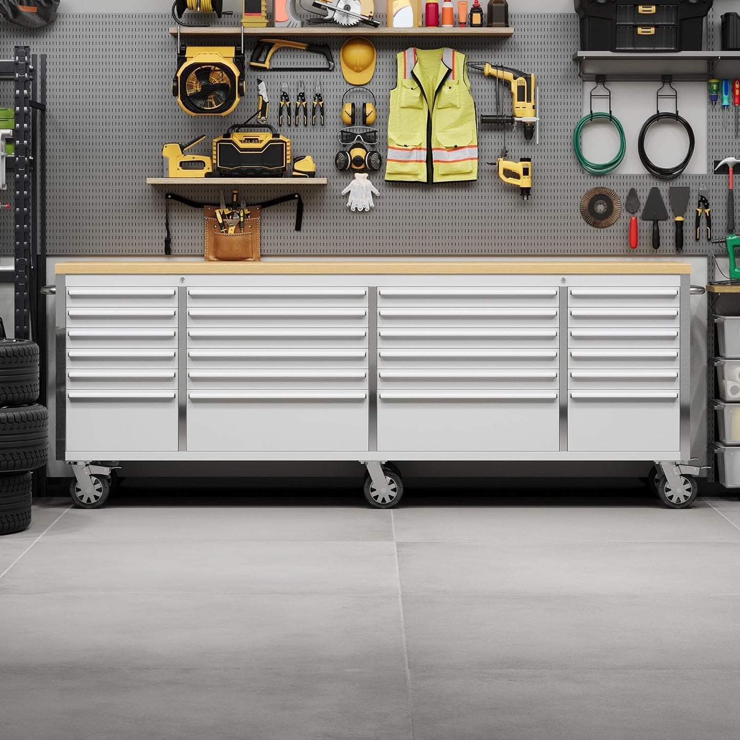 96" Rolling Tool Chest, 24 Drawers, Solid Rubber Wood Workbench Top, Locking Wheels and Key Lock, Mobile Garage Storage Cabinet, Heavy Duty Mobile Organizer for Workshop, Silver