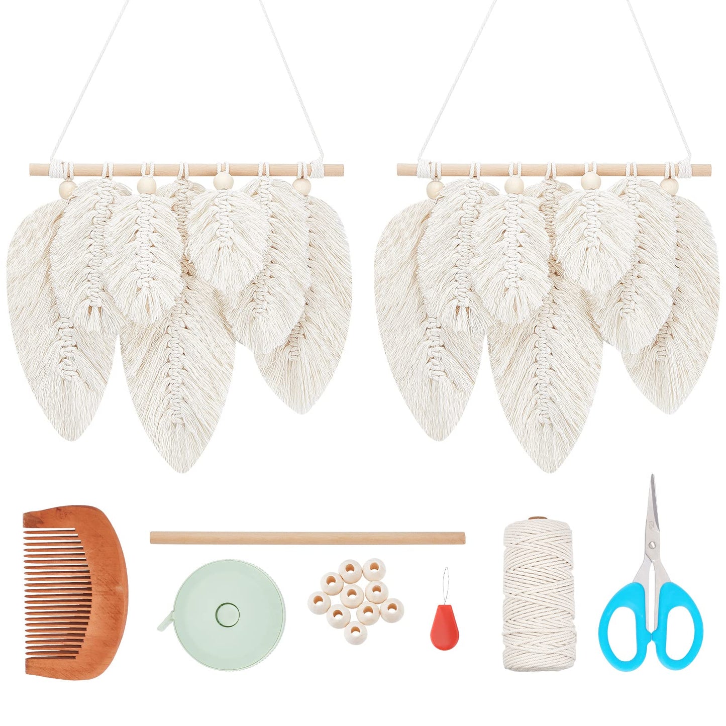 FREEBLOSS 2 Set DIY Macrame Leaf Wall Hanging Kit Macrame Feather 100M Macrame Cord and 20Pcs Wooden Beads Boho Macrame Wall Hanging Decor Macrame DIY Kit Handmade Gift for Mom Girls