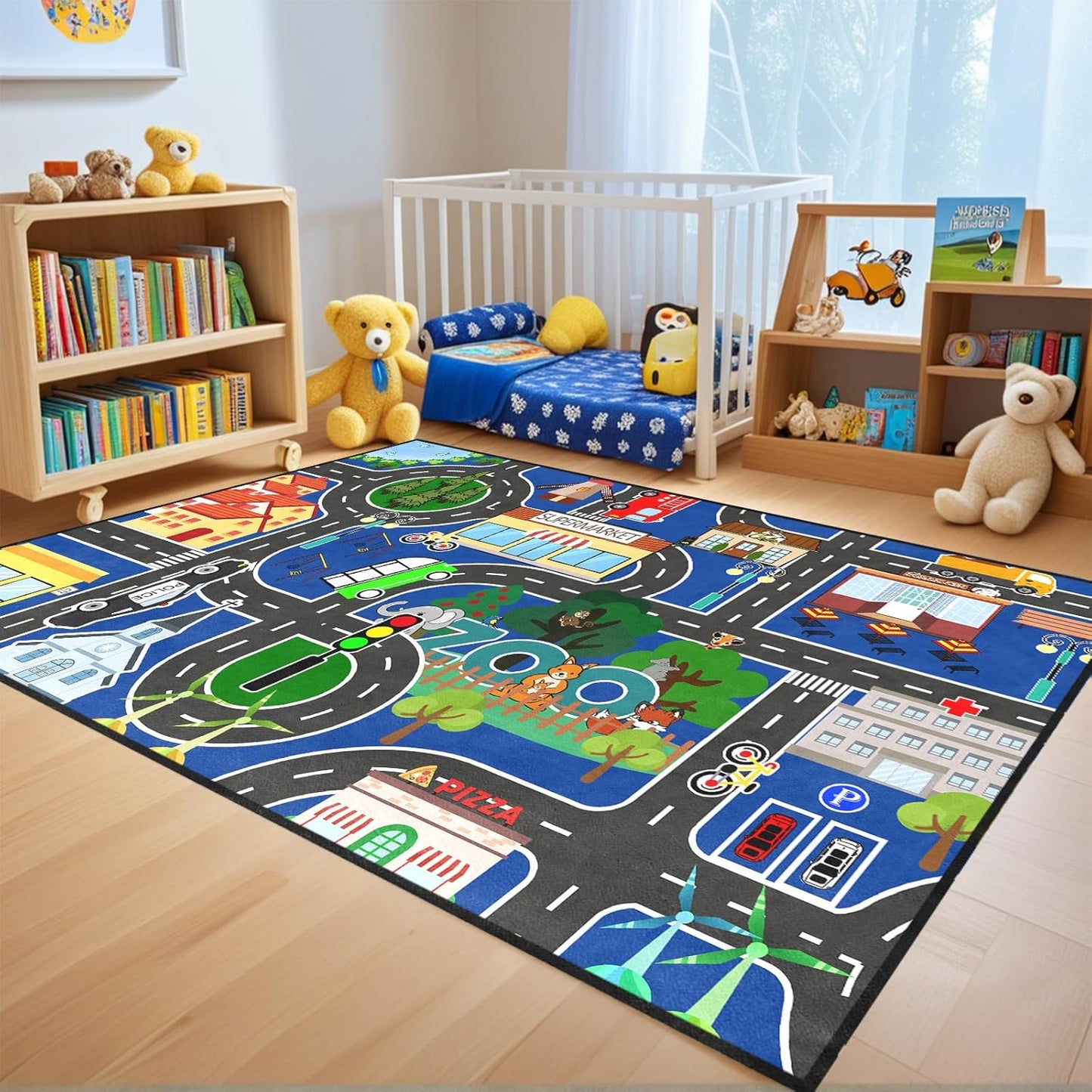 4.5x6 Road Rug for Kids - Car Rug Play Mat for Boys Room, Blue Road Carpet Playmat Fun Race Track Car Carpet for Kids