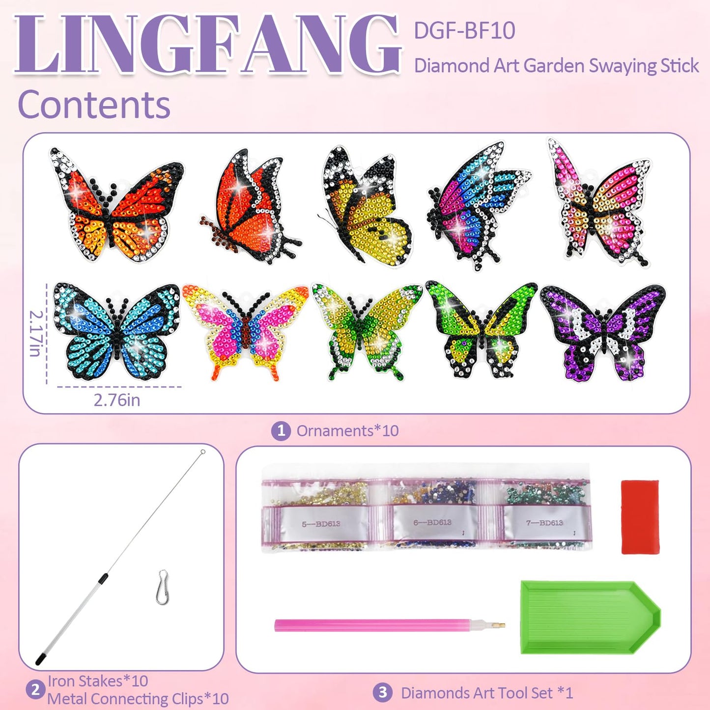 LINGFANG 10 Pcs Diamond Art Swaying in The Wind, Diamond Art Kits for Adults, High Flexibility Iron Garden Stakes Decor, Diamond Art Painting Crafts for Beginners, Woman Gift (Butterfly)