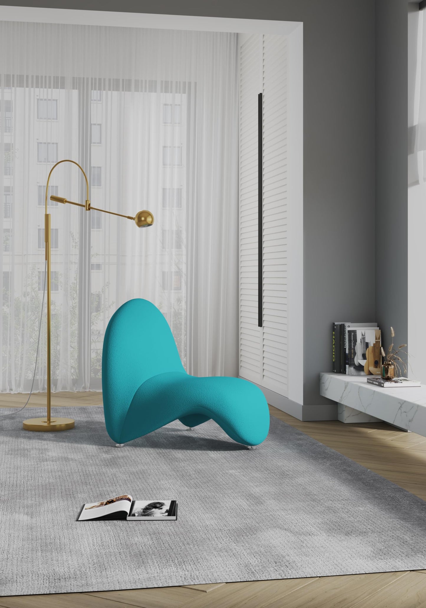 Manhattan Comfort MoMa Modern Abstract Lounge Accent Chair Sculptural Tongue Design, Wool Blend Upholstery, Metal Frame with Geometric Legs, Fully Assembled, Set of 1, Teal