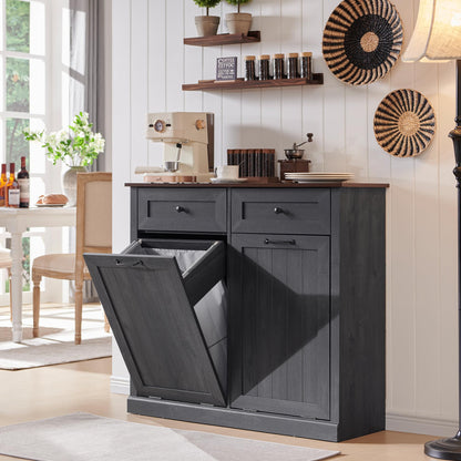 IFGET Double Tilt Out Trash Cabinet, 20 Gallon Farmhouse Laundry Hamper Cabinet with 2 Drawers, Hidden Wooden Trash Can Cabinets with Storage Basket for Kitchen, Living Room (Dark Grey)