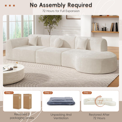 Merax 140" Curved Polyester Sectional Sofa Set, Modern Cloud Couch with Chaise Lounge & 3 Pillows, Fully Assembled for Living Room, Beige