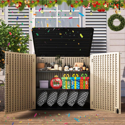 ZZM Large Outdoor Storage Shed, 48 Cu Ft Resin Versatile Storage Cabinet for Patio Accessories, Trash Cans & Garden Tools, Durable Horizontal Storage Box with Lockable Lid (Coffee)