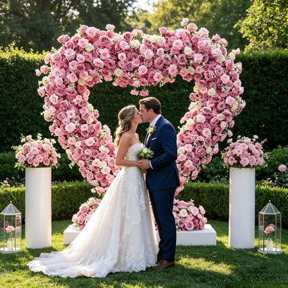 6.56x6.56ft Heart-Shaped Artificial Flower Arch Backdrop with Fabric Base, Floral Decor for Wedding Arch, Ideal for Birthday Banquets & Outdoor Party Scene Decoration (Pink, Arch Frame Not Included)