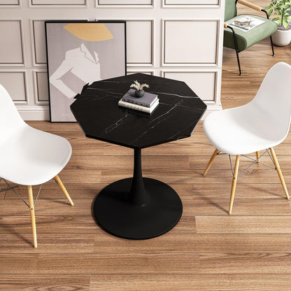 SPOFLYINN 31.50" Modern Octagonal Coffee Table with Printed White Marble Table Top Metal Base for Dining Room Kitchen Living Room Marble