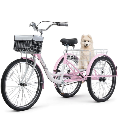 VIRIBUS Adult Tricycles for Women, Single Speed Tricycle for Adults with Front & Rear Detachable Wheeled Baskets, 3 Wheel Bikes for Adults Seniors 1 Speed, 400 lb. Capacity Three Wheeler, 26 in. Pink