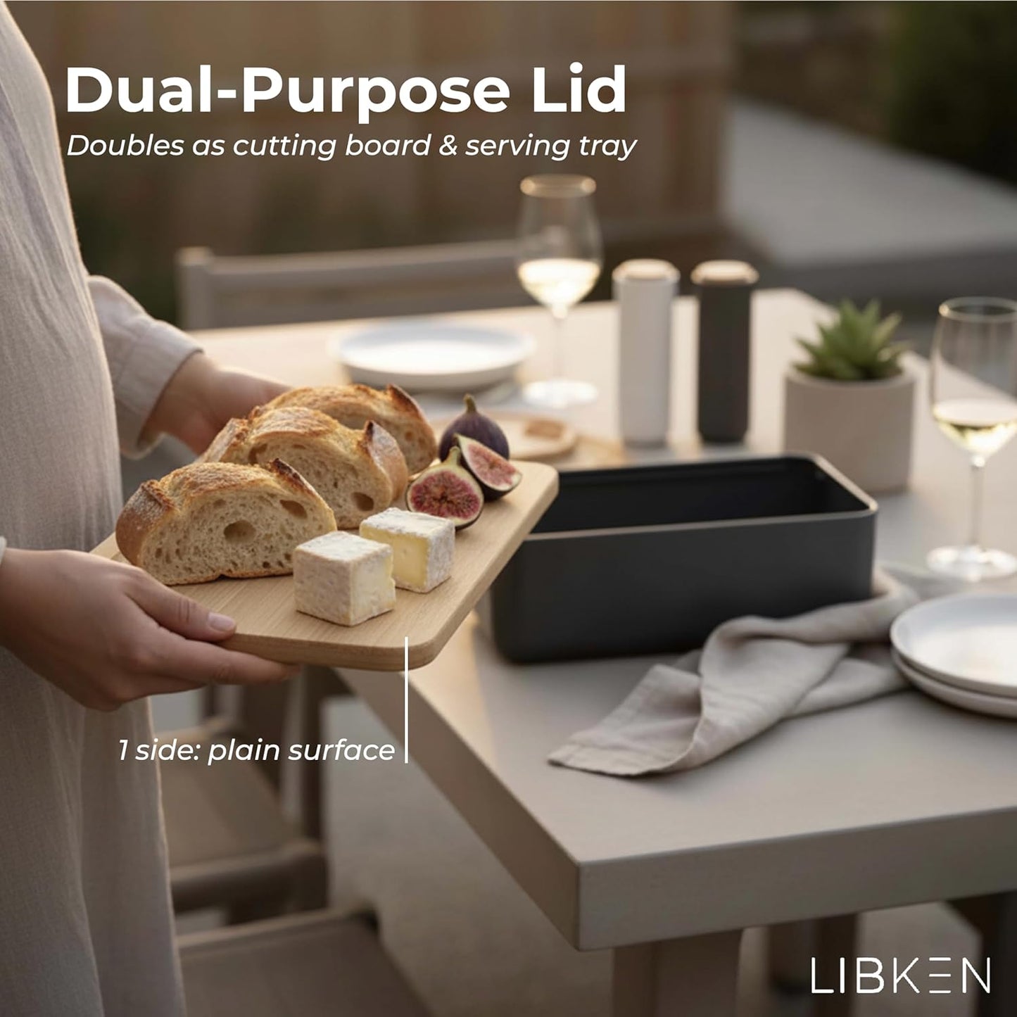 Countertop, LIBKEN Bread Box Extra Thick Steel Bread Bin with Bamboo Cutting Board Lid & Drawstring Bread Bag - Modern