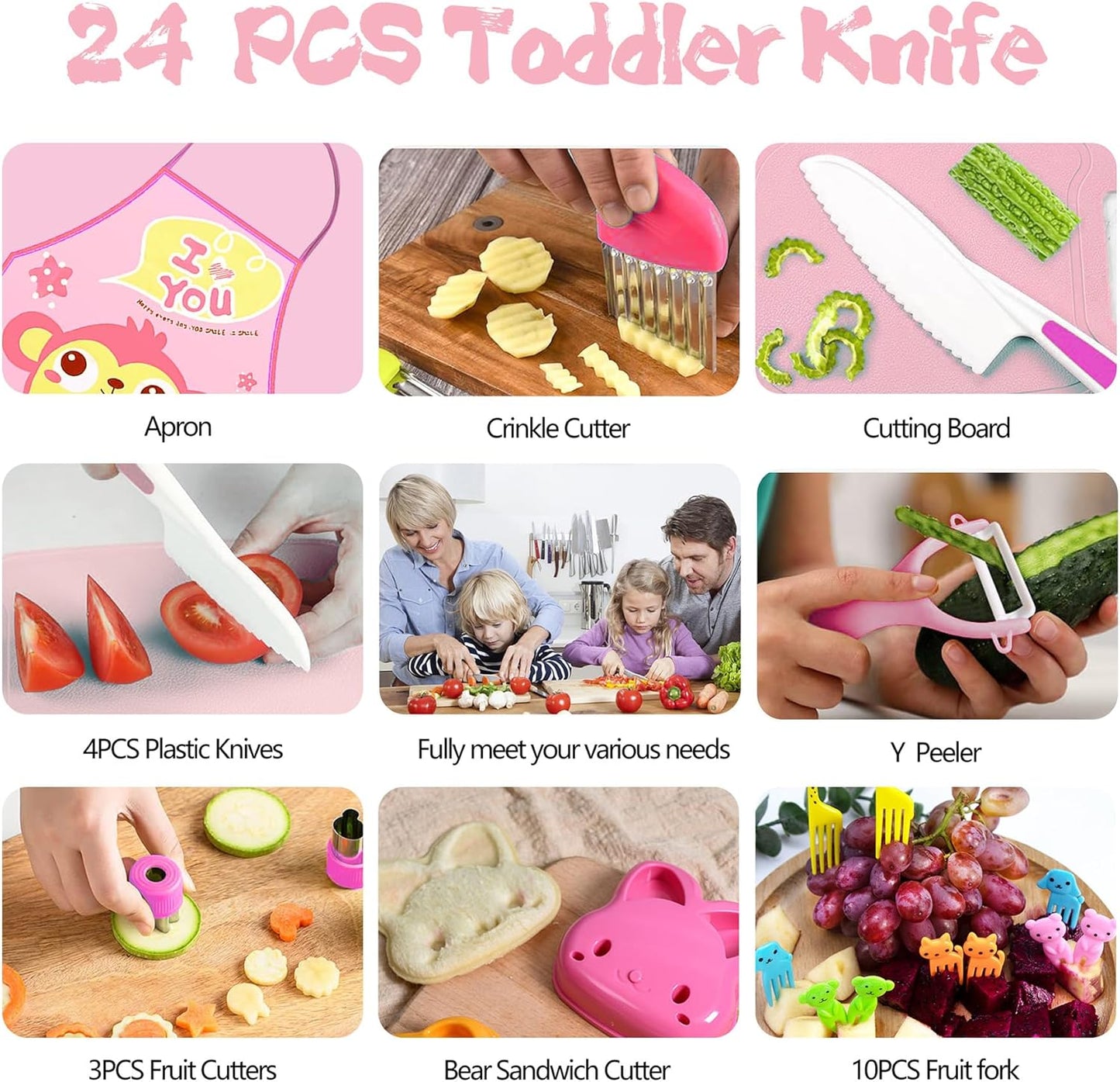 Montessori Kitchen Tools for Toddler, Kids Knife Set with Serrated Edges Plastic Knife and Cutting Board