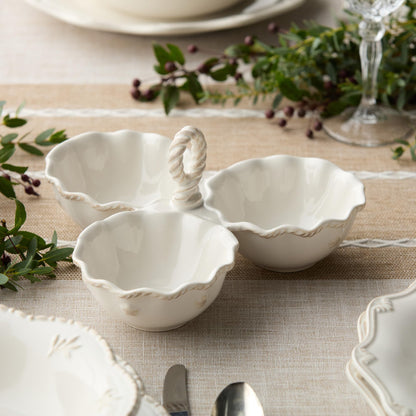 Heritage 3 Section Stoneware Condiment Server with Handle – Divided 8oz Bowls, 9.25" x 9" x 4.75" – Elegant Ivory Dish with Embossed Details, Ideal for Dips, Nuts & Snacks