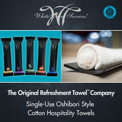White Towel Services 10" x 10" in Moist Cotton Towel Individually Wrapped - Lemon Scent (Case of 50) - Single-Use Oshibori Style Cotton Hospitality Towels