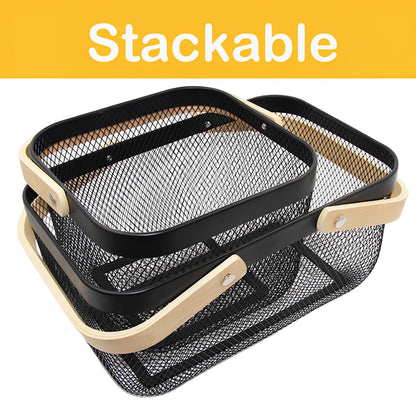 Cheardia 2 Pack Picnic Baskets, Metal Mesh Harvest Basket with Foldable Wooden Handle, Rectangle Garden Storage Basket Bin for Vegetable Fruit Garden Kitchen Cabinet Picking Gathering
