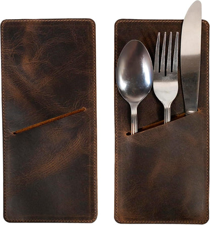 Set of 2 Rectangular Cutlery Sleeves, Utensils Place Setting, Silverware Holder, Full Grain Leather, Handmade, Bourbon