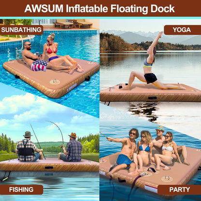 AWSUM Inflatable Floating Dock for Lakes, 5ft x 6ft Water Air Mat Inflatable Island Swim Platform with Non-Slip Wood Surface for Pool Beach Ocean