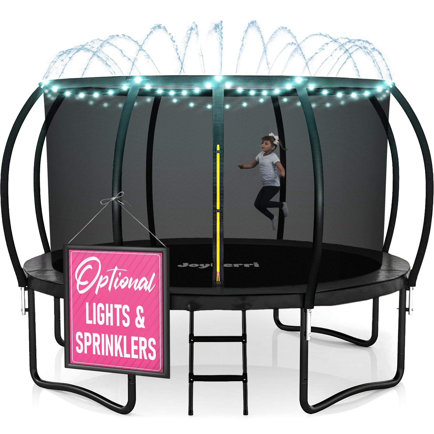 JoyBerri Trampoline Outdoor - Upsurge ASTM Certified Safe 8Ft 10Ft 12Ft 14Ft 15Ft 16Ft Recreational Trampoline for Kids and Adults. Anti-Rust Coating with Enclosure Net, Ladder, Sprinkler & LED Lights