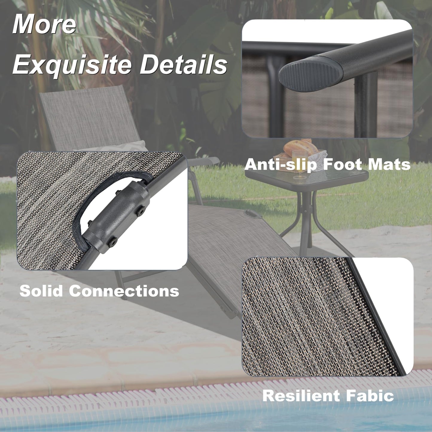 Multigot Folding Sun Lounger Set of 2, 5-Positions Adjustable Reclining Chaise Lounge Chair with 2-Level Footrest & Armrests, Steel Frame Outdoor Sunbed Deck Chair for Poolside Beach Camping (Gray)