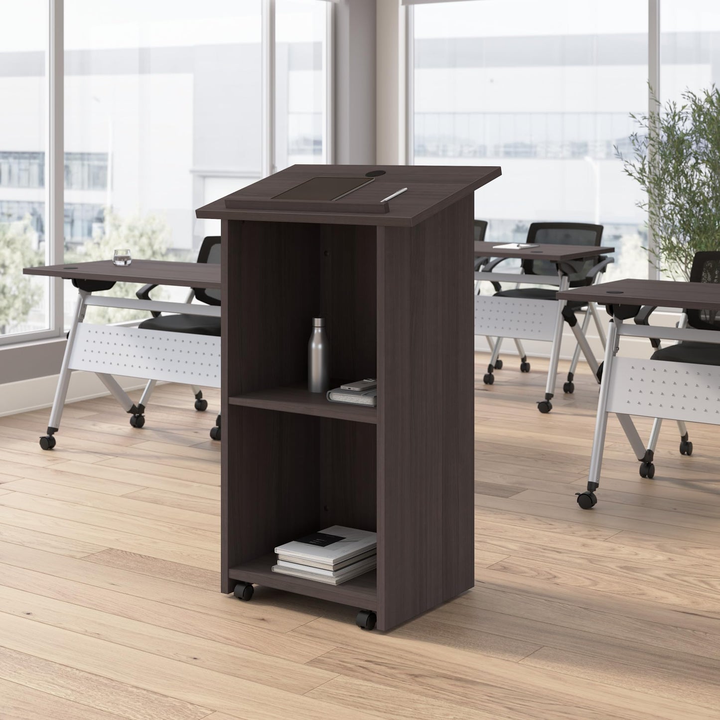Bush Business Furniture Podium Lectern, 48 inch Tall, Professional-Grade Mobile Presentation Stand Up with Shelves, Envision Collection, Gray