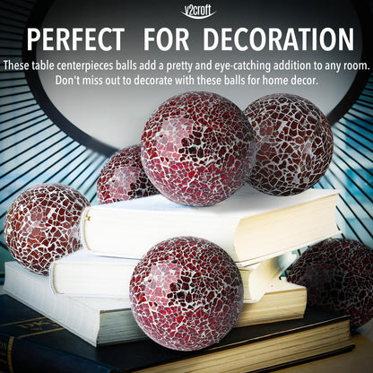 3 Inch Decorative Orbs Glass Balls Set of 5, Mosaic Sphere Globe for Whole Housewares, Wedding, Birthday, Bowls, Vases Dining Table Centerpieces (Red)