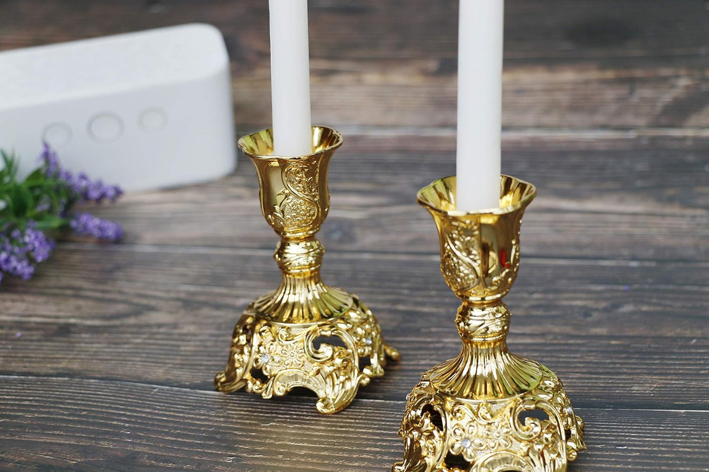 Taper Candle Holders with Deluxe Engraved Design, Set of 2 Premium Gold Candlestick Holders