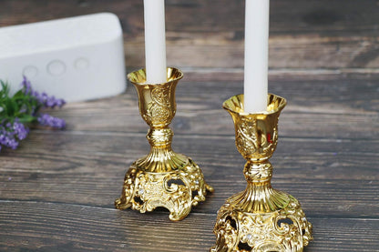 Taper Candle Holders with Deluxe Engraved Design, Set of 2 Premium Gold Candlestick Holders