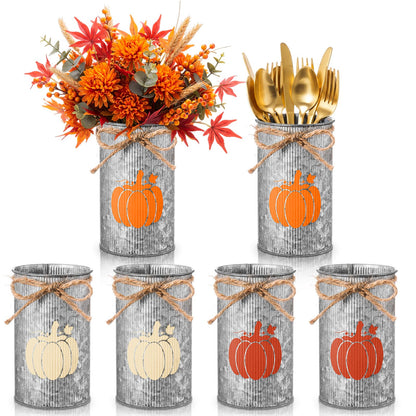 Domensi 6 Pcs Thanksgiving Table Centerpieces Fall Pumpkin Vases Decor Farmhouse Galvanized Metal Vases for Flowers Mason Jar Utensil Holder for Thanksgiving Fall Autumn Rustic Home Office Decorations