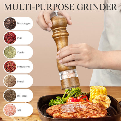 VONTIQUE 8inch salt and pepper grinder set manual salt pepper shakers wooden pepper mill refillable With adjustable ceramic grinding core Acrylic visualization window design 2-pieces