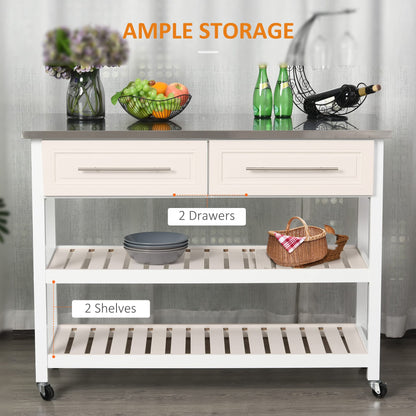 HOMCOM Kitchen Island with Stainless Steel Top, Traditional Kitchen Island with Storage, Butcher Block Cart 2-Tier Open Shelves, Drawers, White