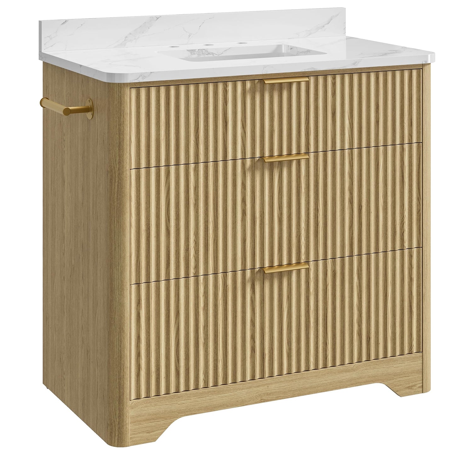 IRONCK 36 inch Bathroom Vanity with Ceramic Sink, Freestanding Wood Grain Sink Cabinet with 3 Storage Drawers (2 Standard + 1 Flip-Down), Farmhouse