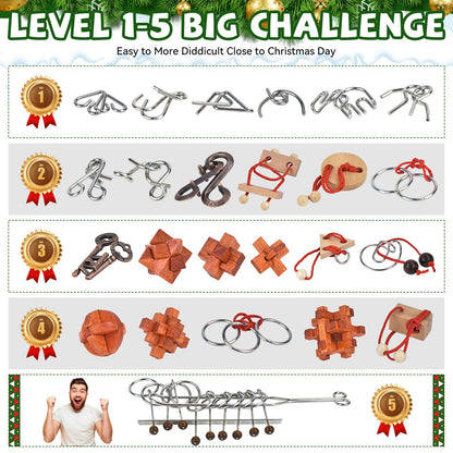 Advent Calendar 2025 Brain Teaser Puzzles for Adults Teens Kids, 24 Pcs Metal & Wood Puzzle Christmas Countdown Calendar with Fun Challenges Toys Game, Xmas Gifts for Boys Girls Teens Adults