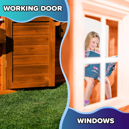 Sportspower Swing and Play Wooden Playhouse for Kids, Outdoor Backyard Playhouse with Swing, Picnic Bench, Working Door, Flower Boxes & Wooden Roof, Ages 3–8