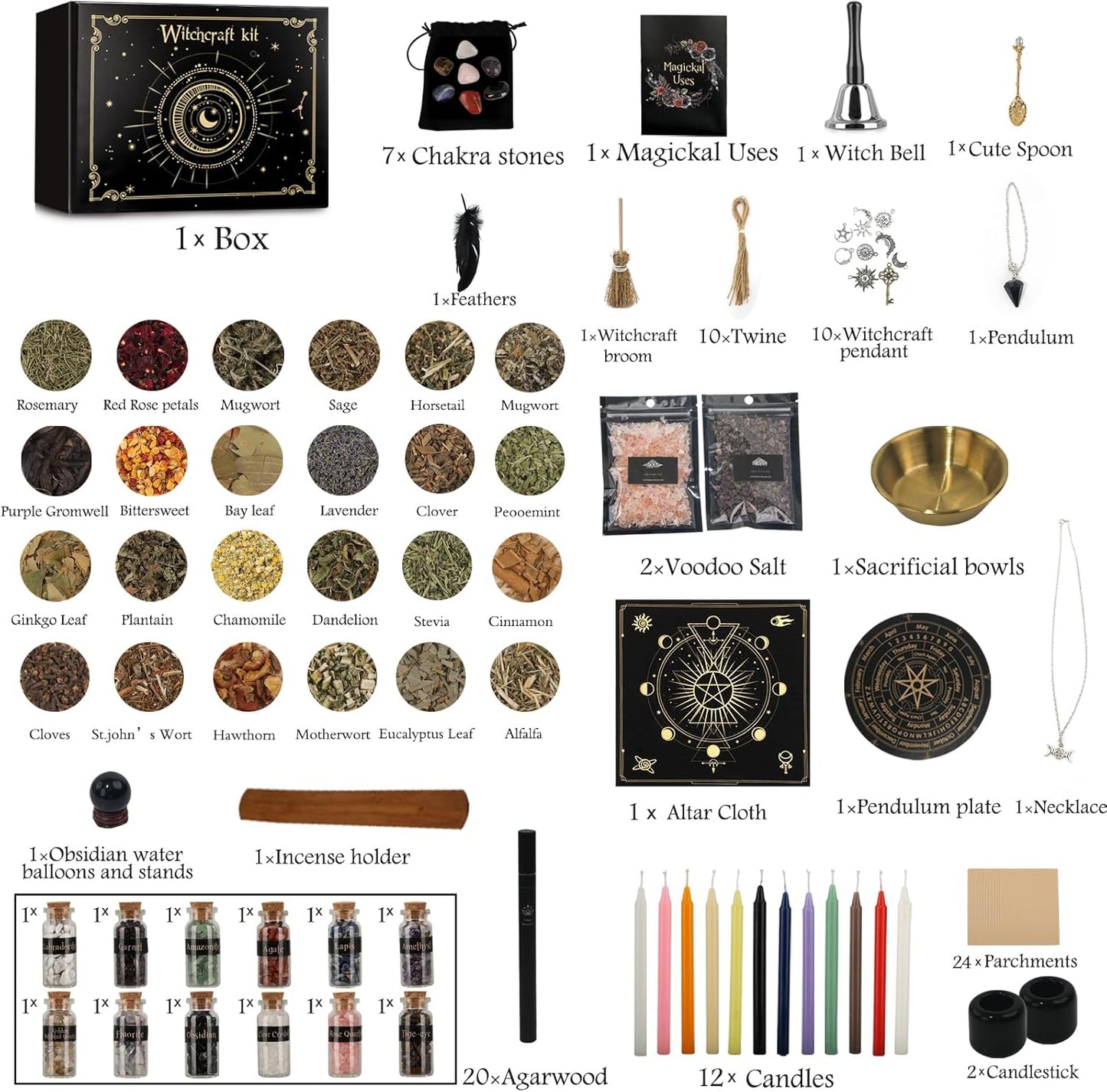 132 Witchcraft Supplies Kit PCS, Wiccan Supplies and Tools, Including Witchcraft Herbs, Spell Candles, Crystals