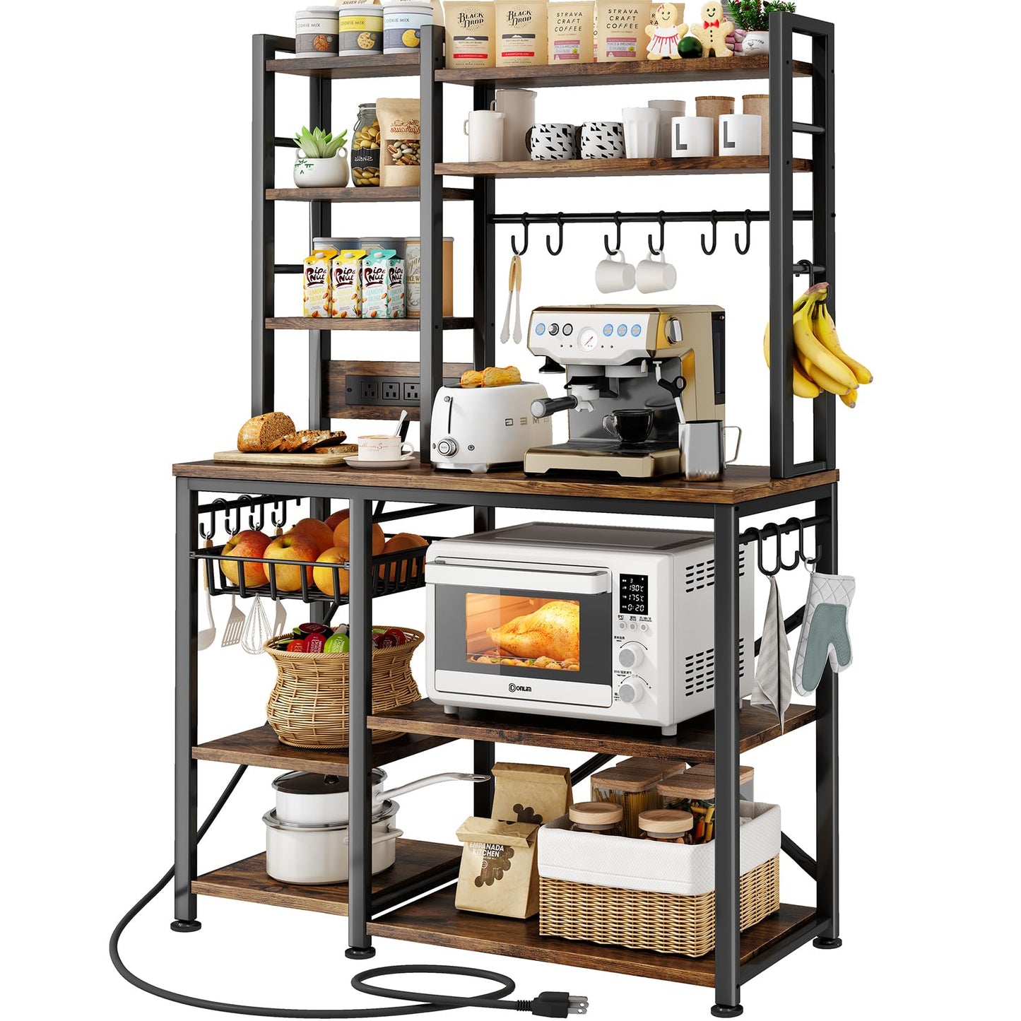 SNTD Baker Rack with Power Outlet - Microwave Stand with Storage, Large Coffee Bar Station with 14 Hooks, Metal Kitchen Shelf Rack for Spices, Pots (Rustic Brown)