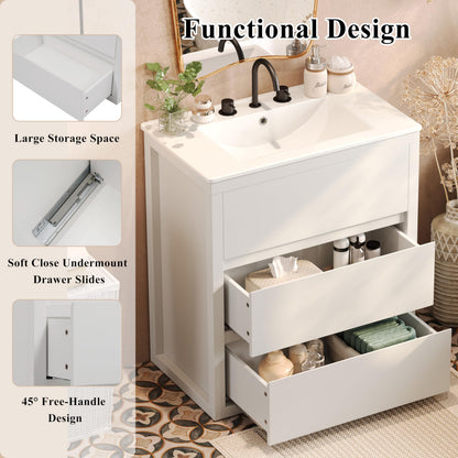 Christopher Knight Home Polla 30" Bathroom Vanity with Ceramic Sink, Wooden Bathroom Vanity Organizer, Soft Closing Door Bathroom Vanity Cabinet, Freestanding Pedestal Sink Storage Cabinet, White