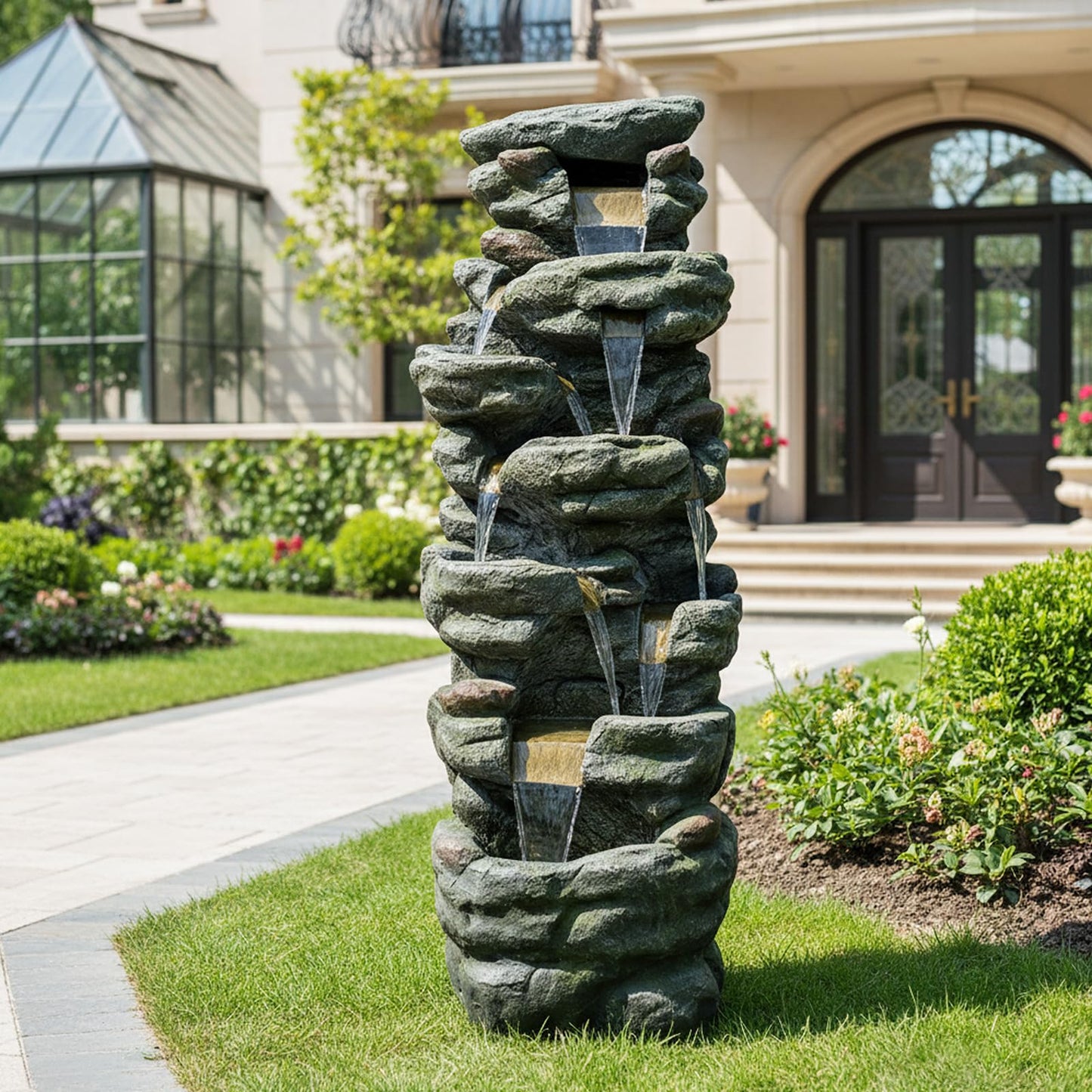 Naturefalls 51" Extra Large Outdoor Water Fountain - Waterfall Fountain with 7 LED Lights, 7-Tiers Cascading, Poly-Resin Indoor and Outdoor Fountain for Garden, Patio, Backyard, Lawn, Yard Decor