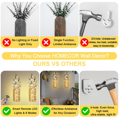 HOMECOR Easter Wall Decor Set of 2 - Boho & Modern Farmhouse Hanging Wooden Vase with Fairy Lights & Artificial Plants, Spring Wall Art for Living Room, Bedroom, Bathroom, Mothers Day Home Decor Gift
