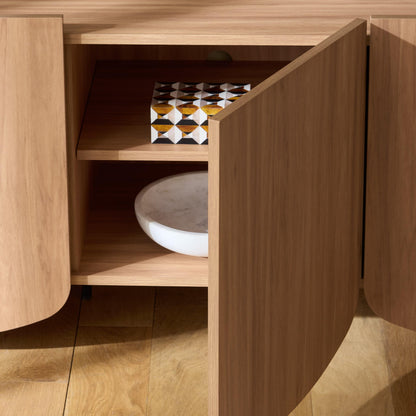 SAFAVIEH Furniture - Takami Media Stand for TVs up to 75" - Oak 4-Door Modern Entertainment Console with Storage Cabinets (MED3604A)