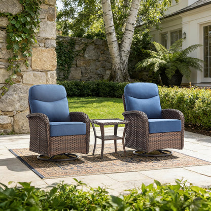 Luxury Outdoor Swivel Rocker Patio Chairs with 6-Inch Thick Cushions, High Back Swivel Glider Patio Chairs, 3PCS Wicker Outdoor Furniture Set for Porch, Patio, Yard, Deck, Poolside, Brown/Blue