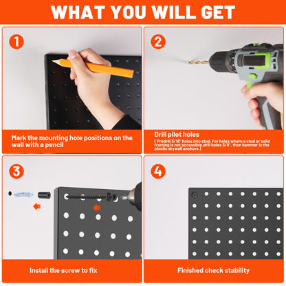 ValueMax 6 Pack Metal Pegboard Panels, 12”x 12” Heavy Duty Metal Pegboard Wall Organizer for Home, Garage, Workbench, Kitchen, Craft Room Tool Storage, Black Modular Peg Board Organizer Board