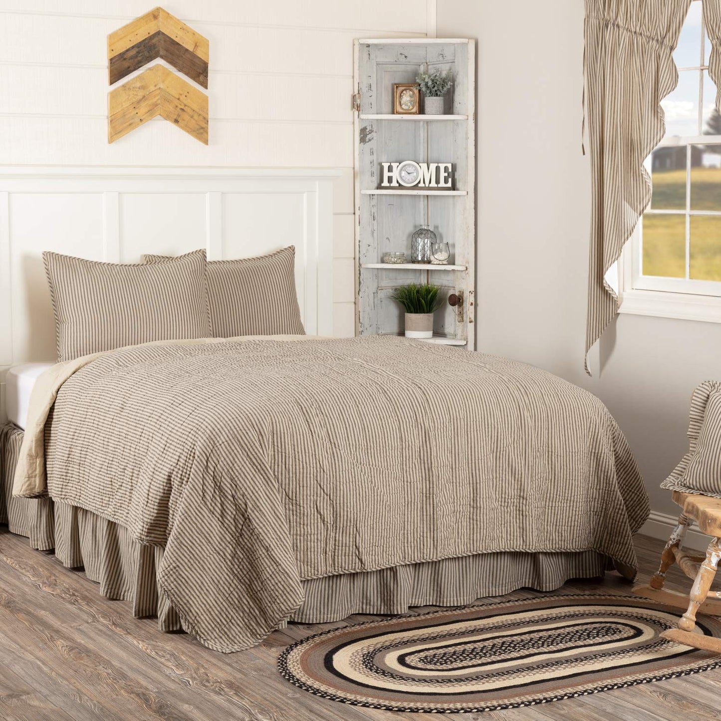 VHC Brands Sawyer Mill Ticking Stripe King Quilt Set, Charcoal Gray